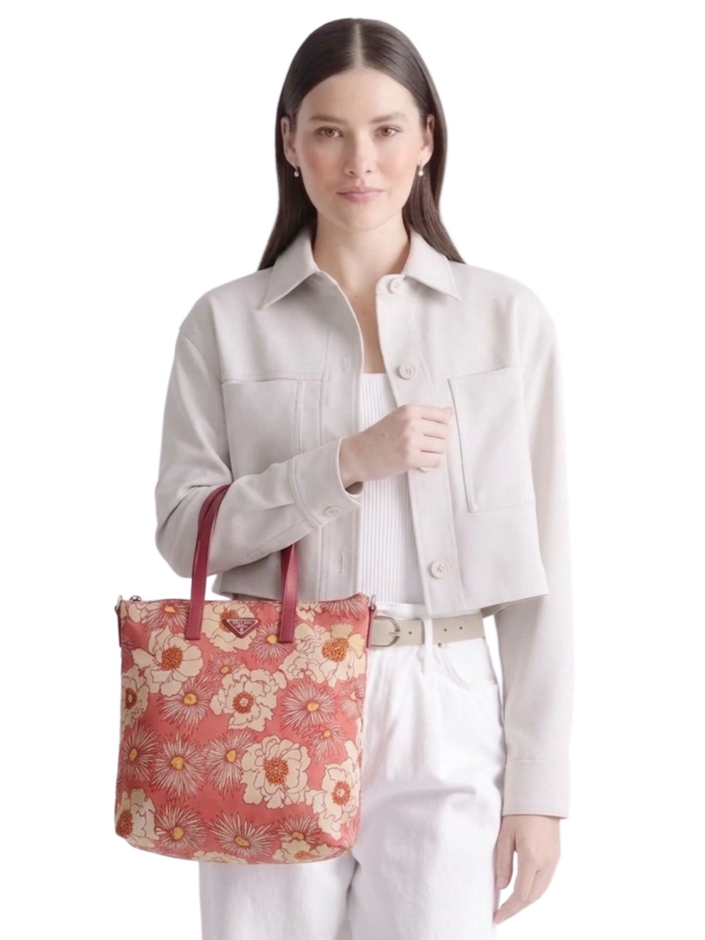 Prada Tessuto Stampato Floral Nylon Tote Bag/Crossbody Pink & White